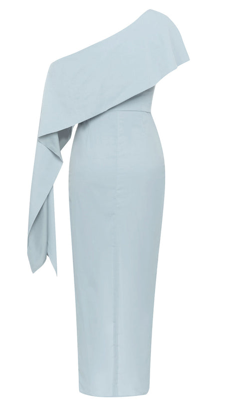 BLUE ASYMMETRICAL NECK RUCHED SPLIT THIGH DRESS