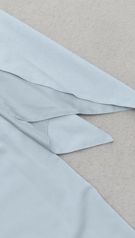 BLUE ASYMMETRICAL NECK RUCHED SPLIT THIGH DRESS