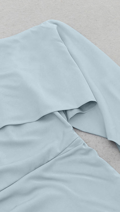 BLUE ASYMMETRICAL NECK RUCHED SPLIT THIGH DRESS