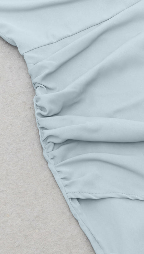 BLUE ASYMMETRICAL NECK RUCHED SPLIT THIGH DRESS