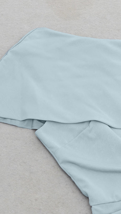 BLUE ASYMMETRICAL NECK RUCHED SPLIT THIGH DRESS