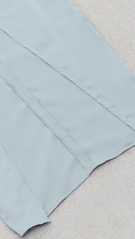 BLUE ASYMMETRICAL NECK RUCHED SPLIT THIGH DRESS