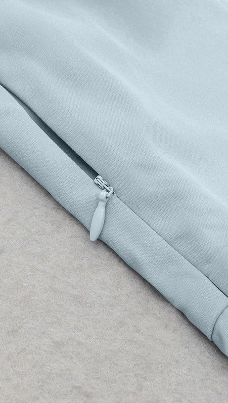 BLUE ASYMMETRICAL NECK RUCHED SPLIT THIGH DRESS