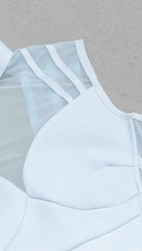 ABITO MIDI A COSTINE CON INSERTI IN RETE AZZURRO CHIARO 