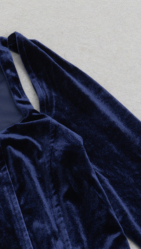 STRUCTURED DRAPED VELVET MAXI DRESS IN BLUE