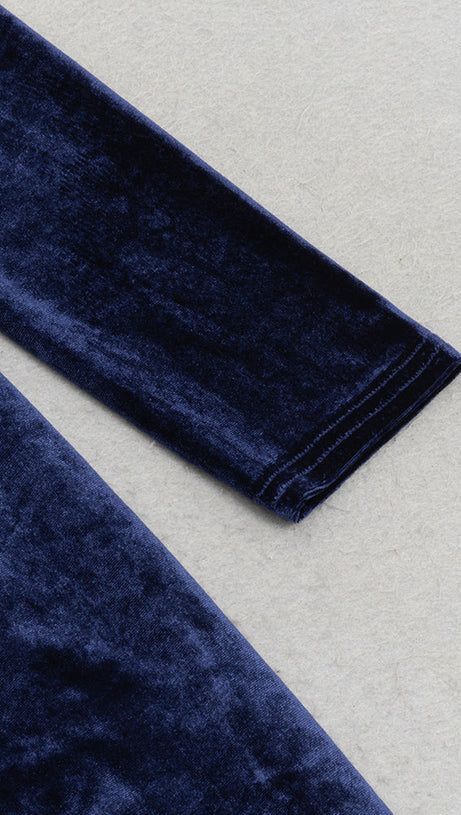 STRUCTURED DRAPED VELVET MAXI DRESS IN BLUE