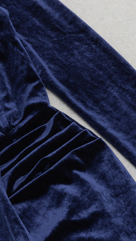 STRUCTURED DRAPED VELVET MAXI DRESS IN BLUE
