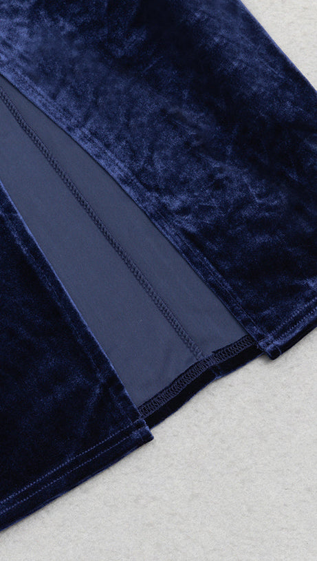 STRUCTURED DRAPED VELVET MAXI DRESS IN BLUE