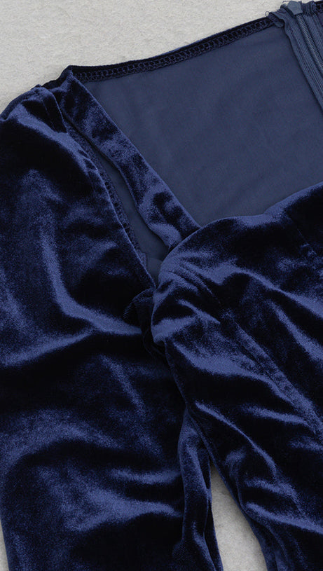 STRUCTURED DRAPED VELVET MAXI DRESS IN BLUE