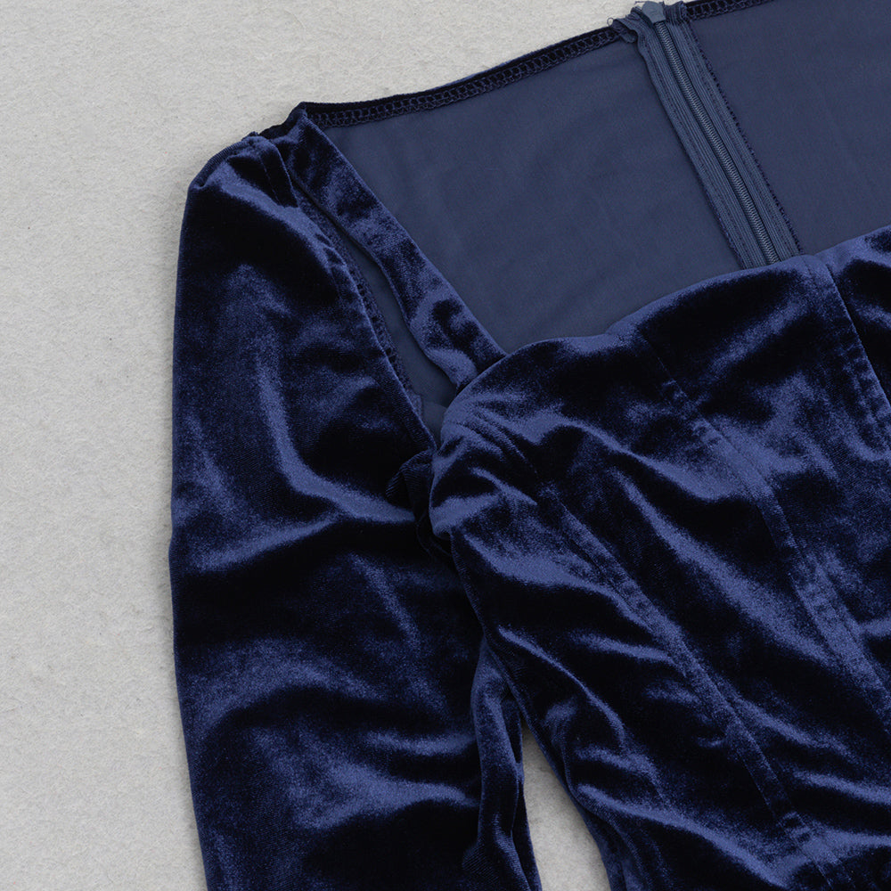 STRUKTURIERTES DRAPIERTES SAMT-MAXIKLEID IN BLAU