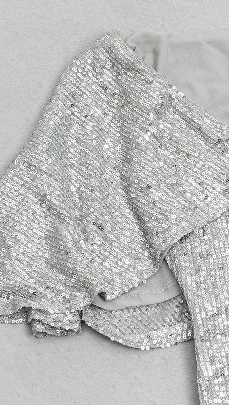 ABITO ADERENTE CON SPACCHIO E PAILLETTES ARGENTO CON SCOLLO A V