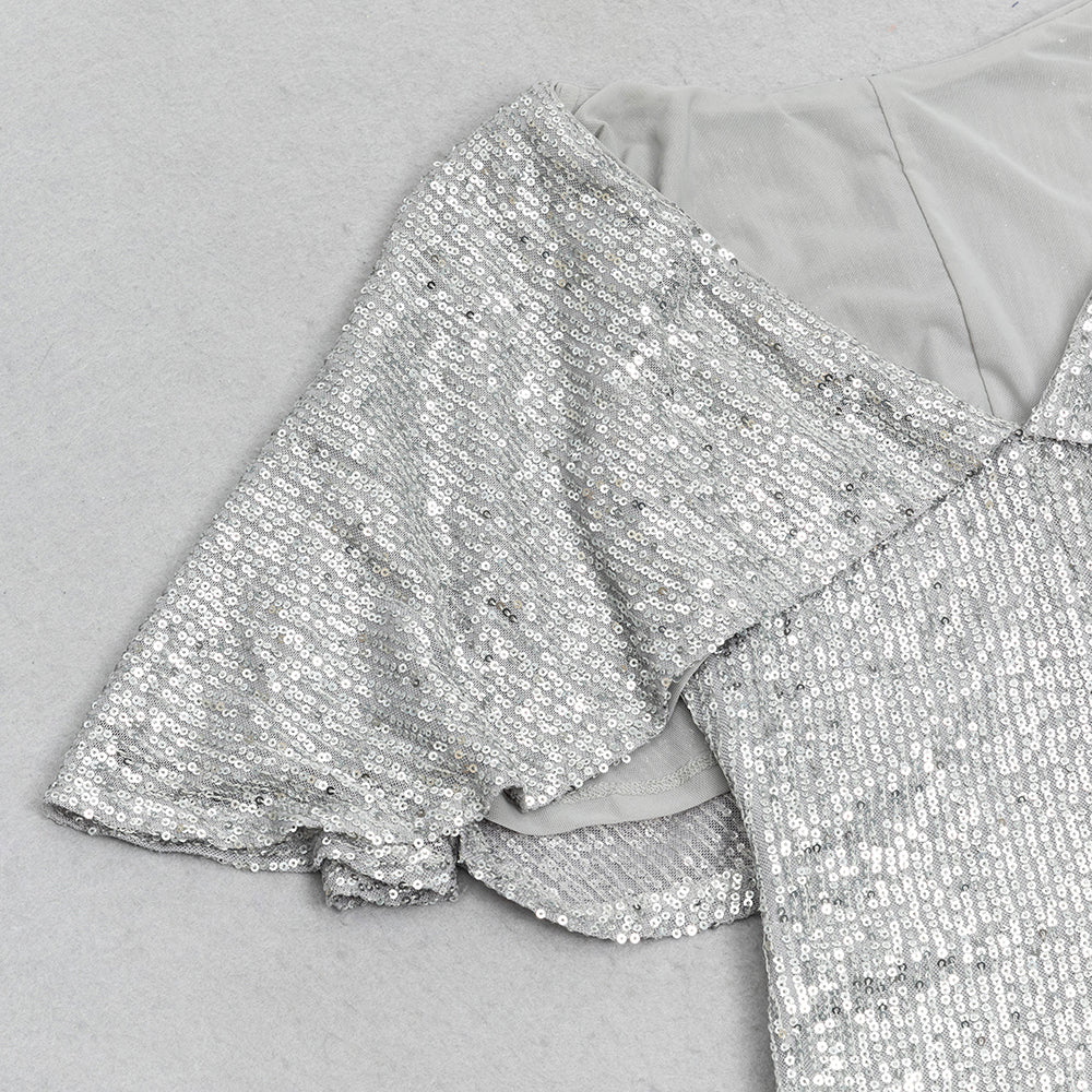 AIIZIE V-NECK SILVER SEQUIN SLIT BODYCON DRESS - product image