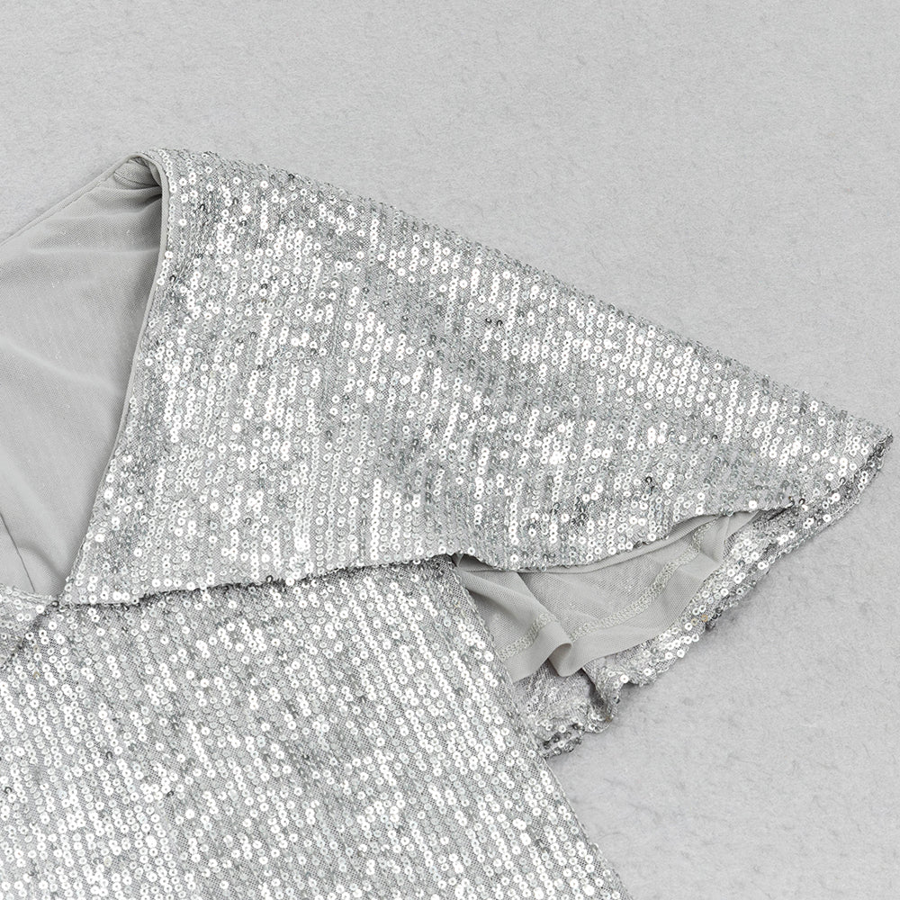 AIIZIE V-NECK SILVER SEQUIN SLIT BODYCON DRESS - product image