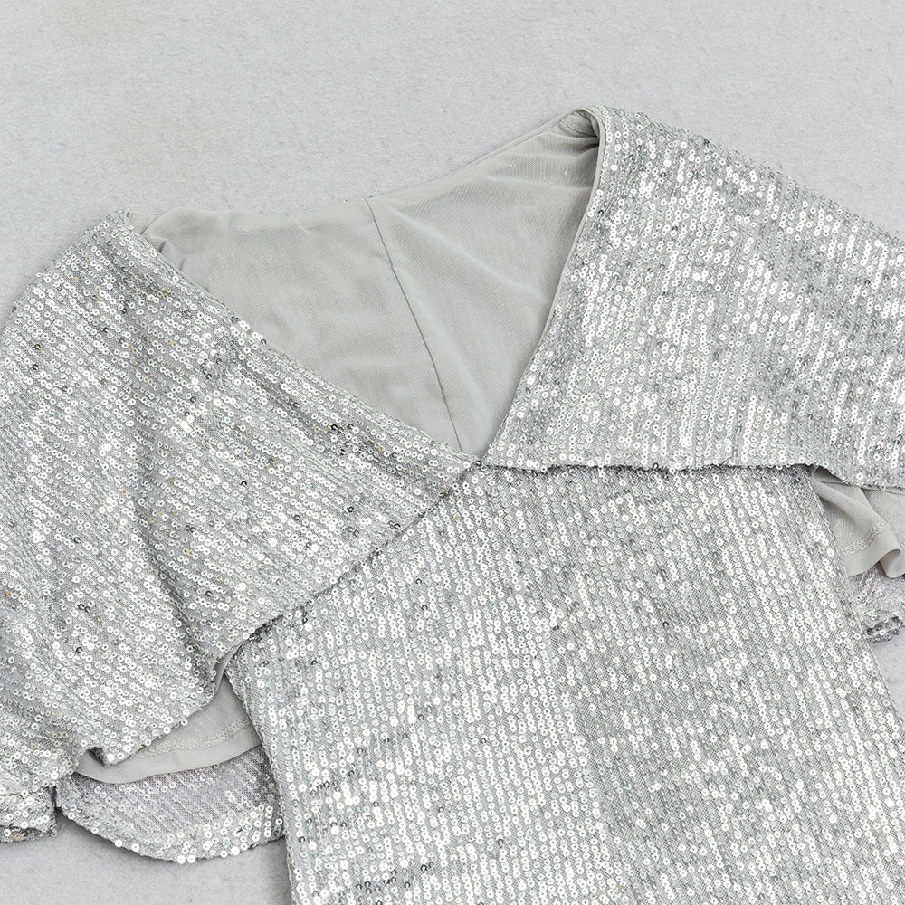 AIIZIE V-NECK SILVER SEQUIN SLIT BODYCON DRESS - product image