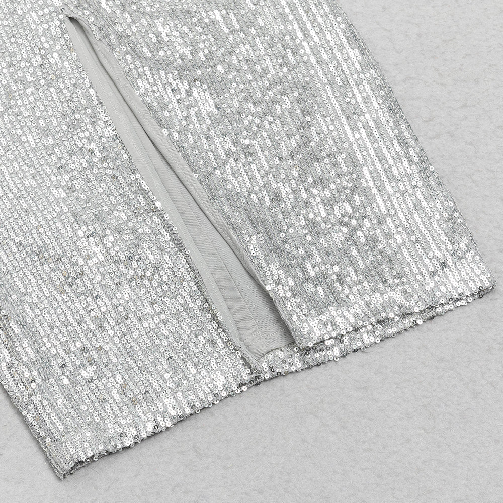 Bodycon-Kleid mit silbernem Pailletten-Schlitz und V-Ausschnitt