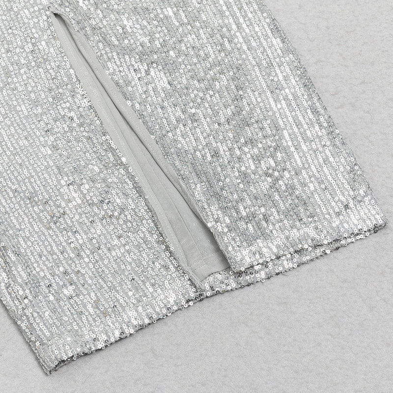 V-NECK SILVER SEQUIN SLIT BODYCON DRESS