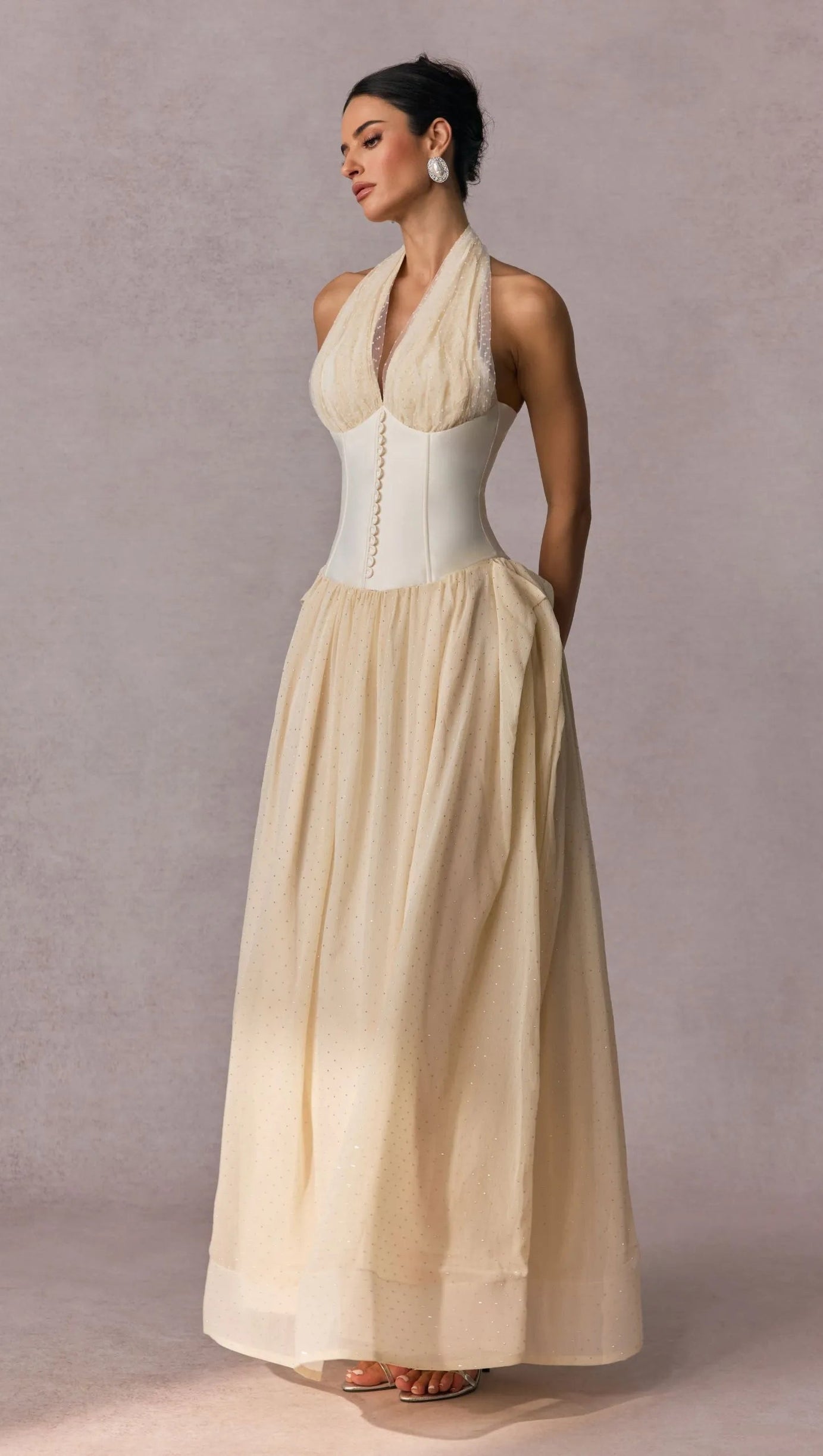 TIFFANY HALTERNECK TULLE OVERLAY MAXI DRESS IN APRICOT