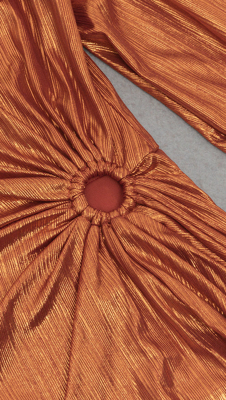 DIAGONAL SHOULDER ASYMMETRICAL SLEEVE SLIT RUFFLED DRESS