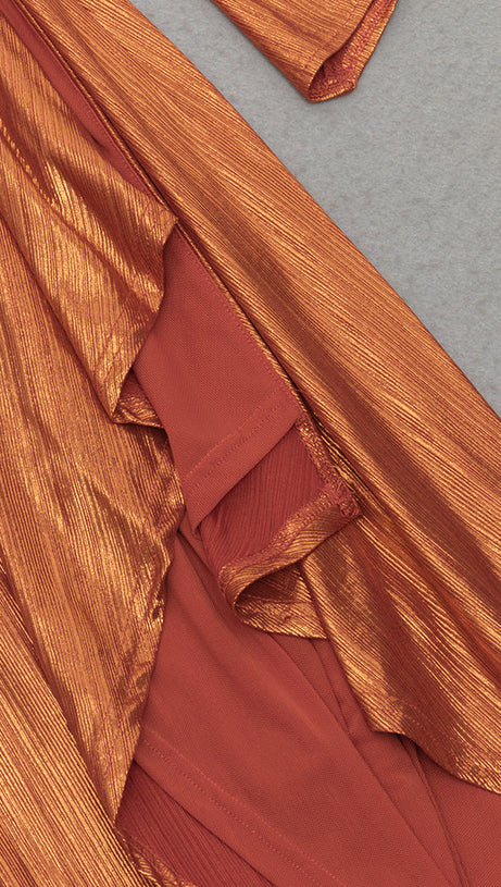 DIAGONAL SHOULDER ASYMMETRICAL SLEEVE SLIT RUFFLED DRESS