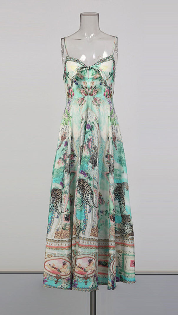 AIIZIE Juda Bohemian Print Flowy Maxi Dress - Strappy Green Elegance - product image