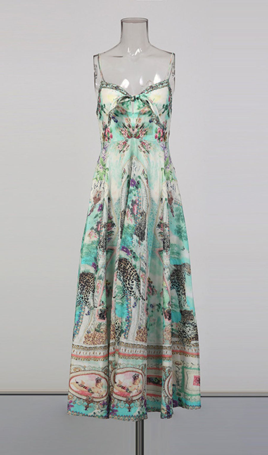 Juda Bohemian Print Flowy Maxi Dress - Strappy Green Elegance