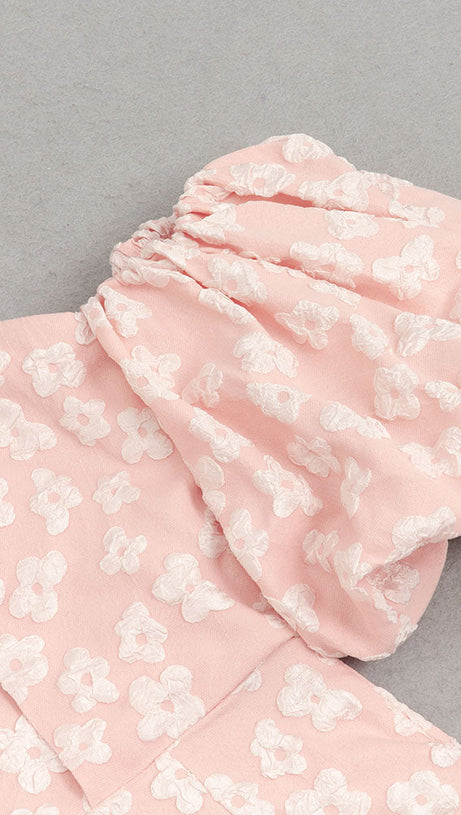 PUFF SLEEVE BARDOT FLORAL DRESS PINK