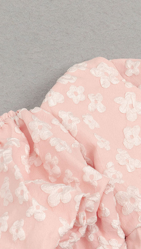 PUFF SLEEVE BARDOT FLORAL DRESS PINK