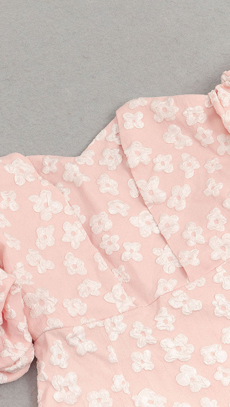 PUFF SLEEVE BARDOT FLORAL DRESS PINK