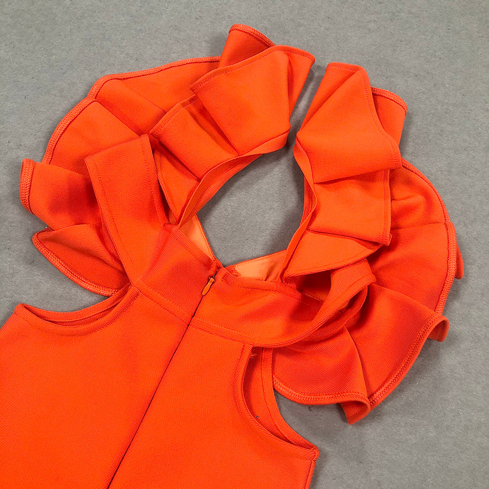 TOBEY – ORANGE MIDIKLEID MIT PERLENVERZIERUNG UND RÜSCHENBESATZ