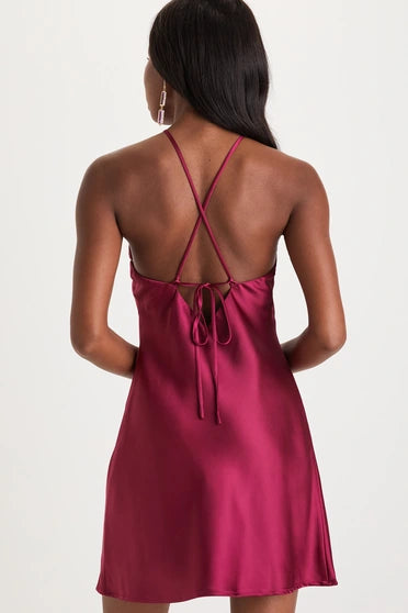 SWEET PROSE MAGENTA SATIN ROSETTE HALTER NECK MINI DRESS