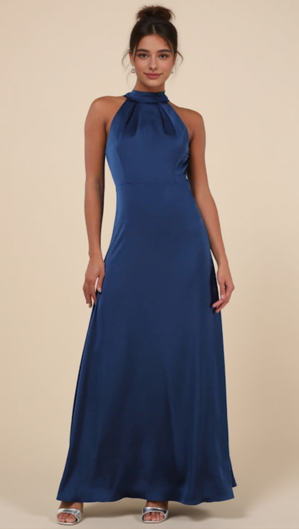 AIIZIE REGAL LOVELINESS BLUE SATIN PLEATED MOCK NECK MAXI DRESS - product image