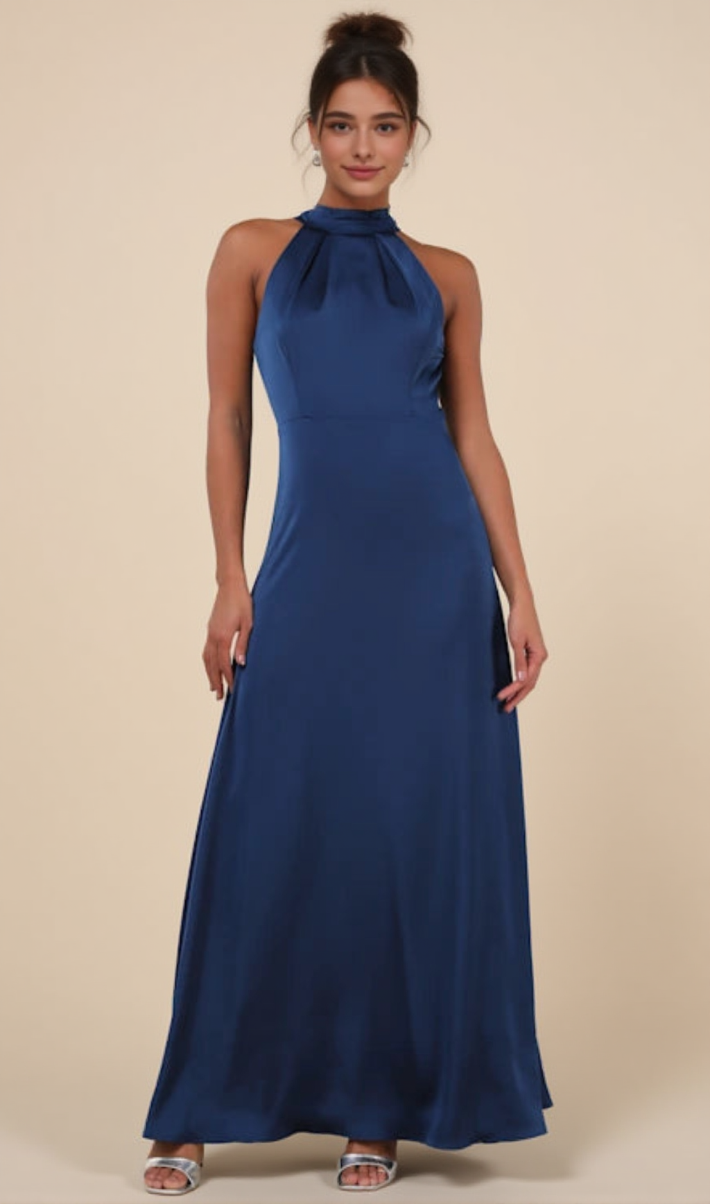 REGAL LOVELINESS BLUE SATIN PLEATED MOCK NECK MAXI DRESS