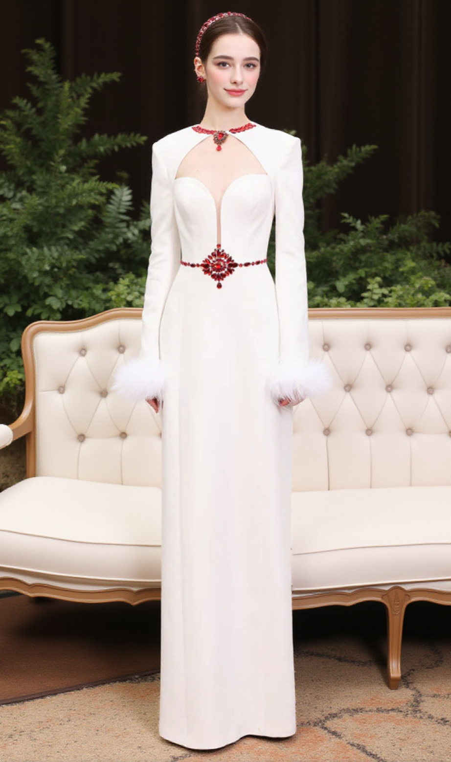 Rhinestone Cut-Out Feather Midi Dress in white