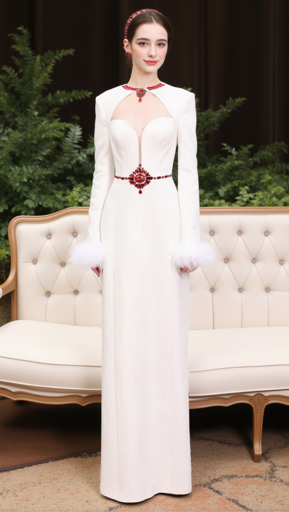 RHINESTONE CUT-OUT FEATHER MIDI DRESS IN WHITE
