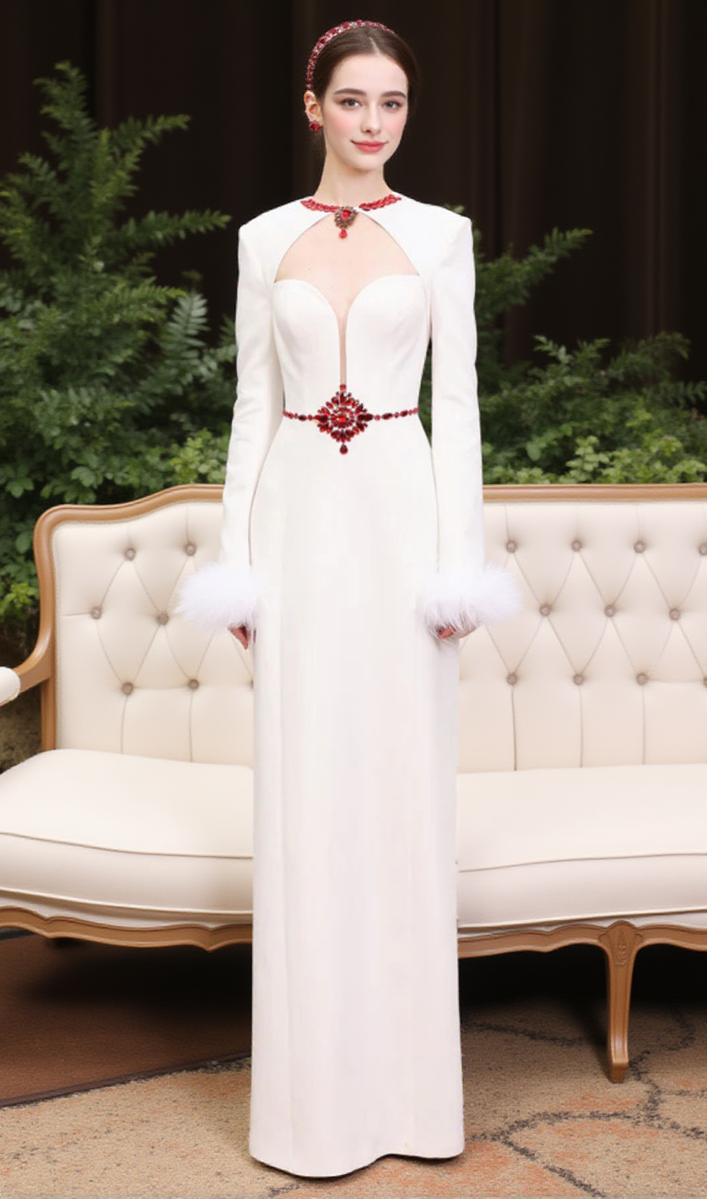 RHINESTONE CUT-OUT FEATHER MIDI DRESS IN WHITE