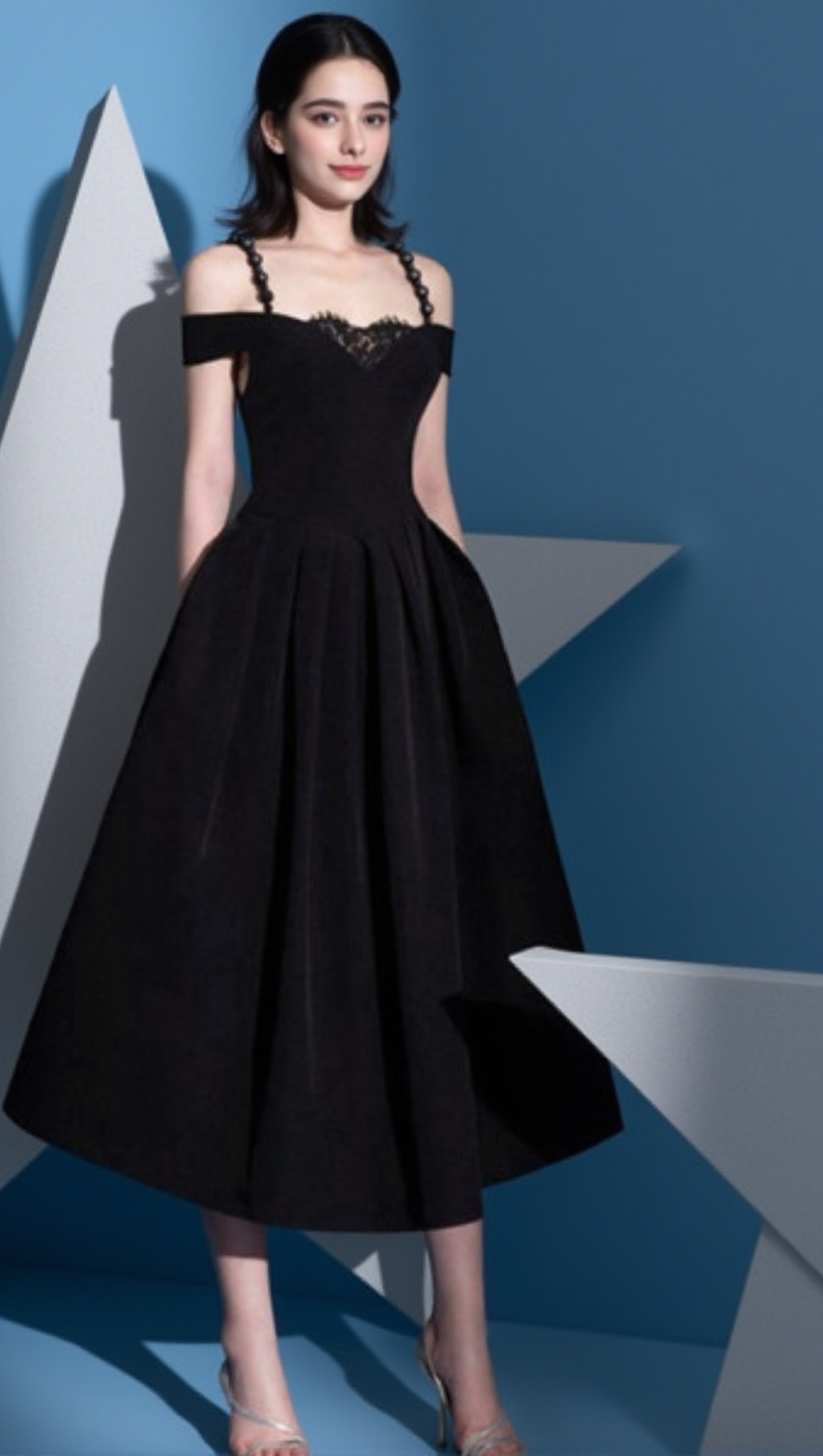 AMY LACE V-NECK PEARL STRAP MIDI MIDI DRESS IN BLACK