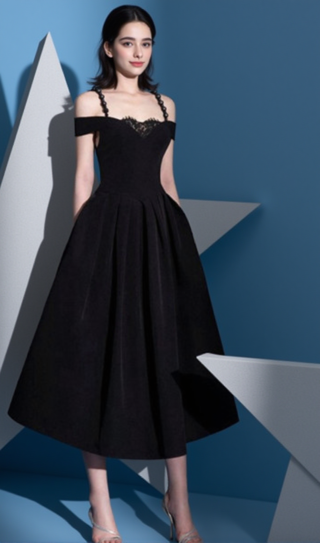 AMY LACE V-NECK PEARL STRAP MIDI MIDI DRESS IN BLACK