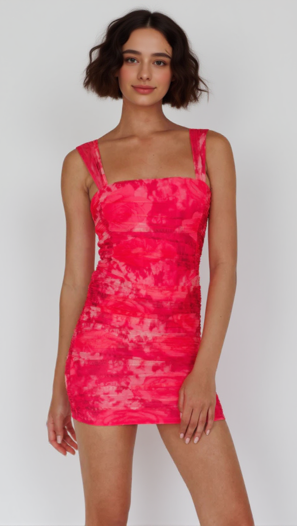 AIIZIE FLORAL RUCHED MINI DRESS IN PINK - product image