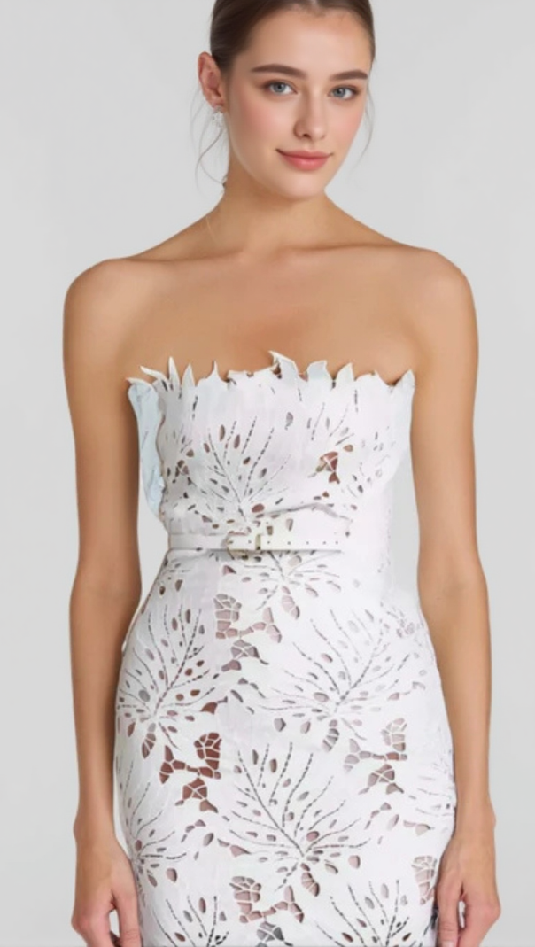 AIIZIE OFF-SHOULDER WHITE FLORAL LACE MIDI DRESS - product image