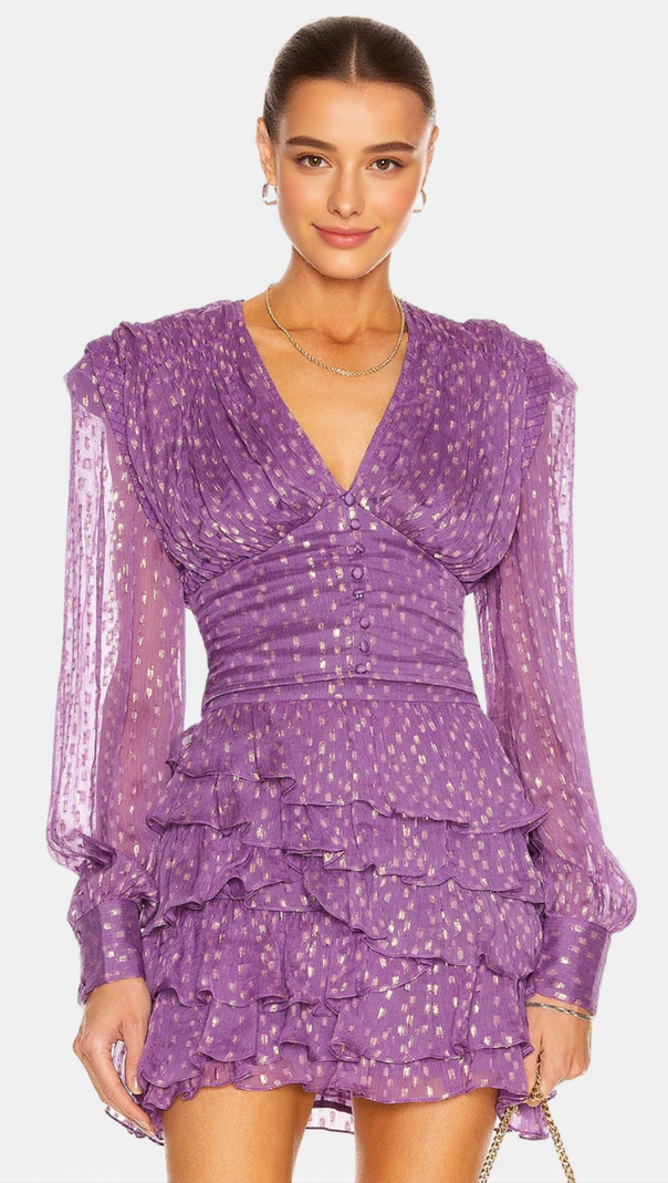 AIIZIE GARSENDE BALLOON SLEEVE RUFFLE MINI DRESS IN PURPLE - product image