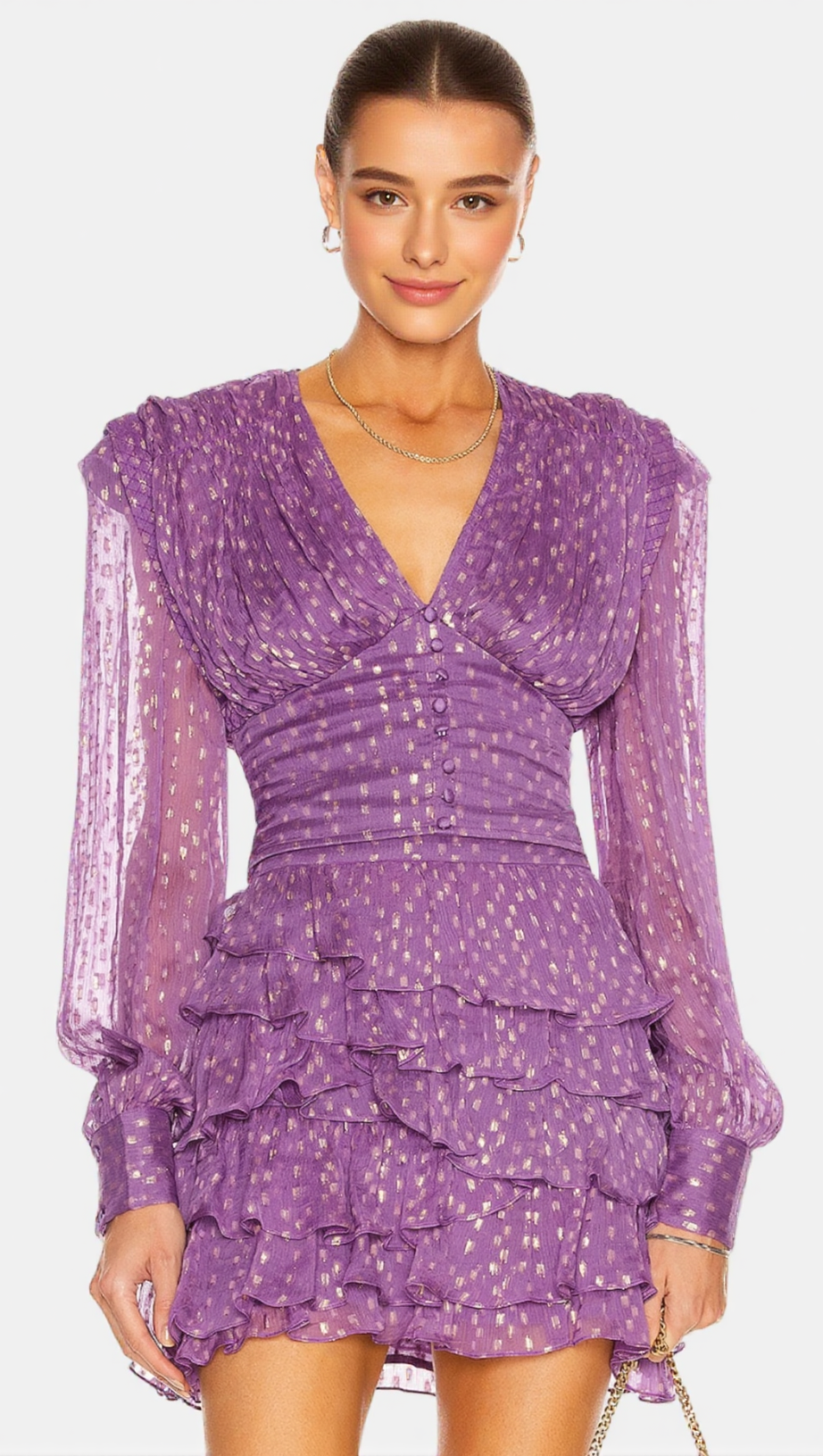 GARSENDE BALLOON SLEEVE RUFFLE MINI DRESS IN PURPLE