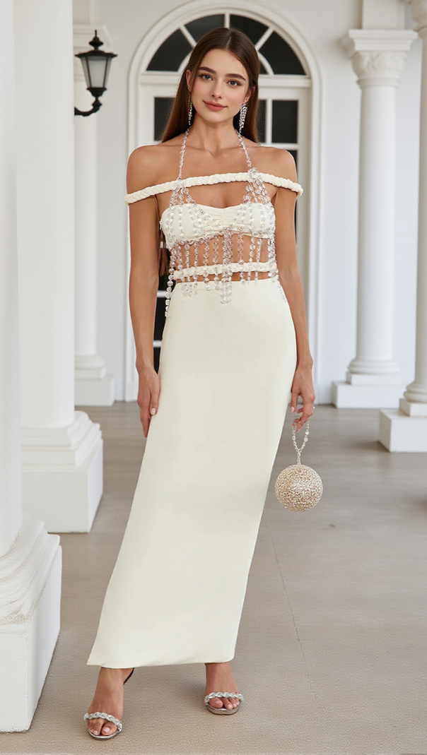AIIZIE CRYSTAL CHAIN EMBELLISHED FISHTAIL SKIRT SET IN APRICOT - product image