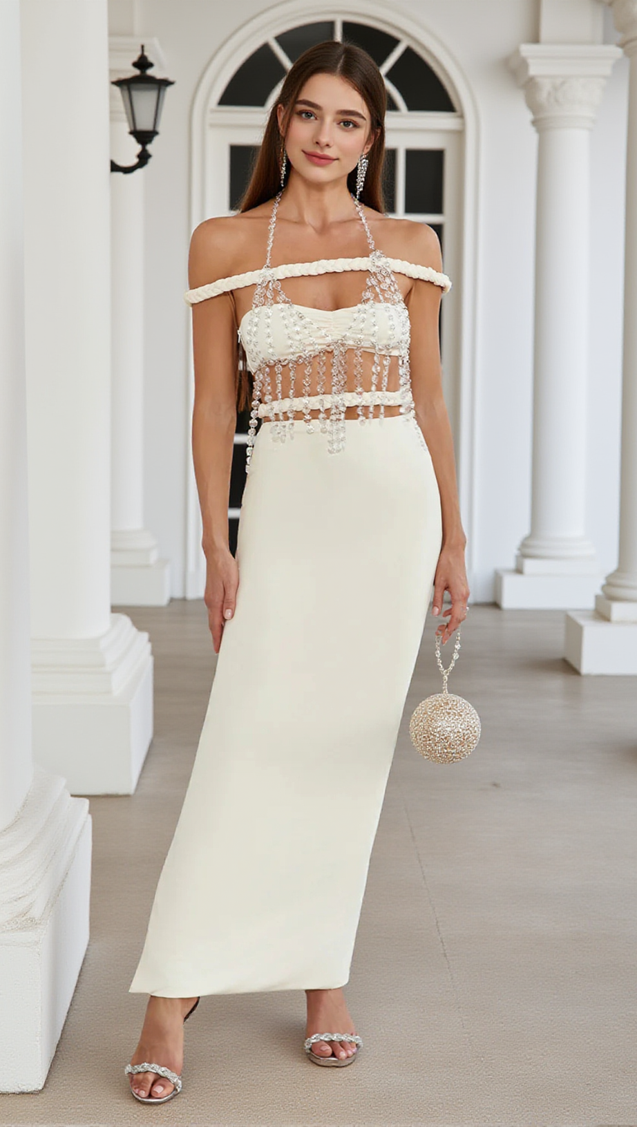 Fischschwanzrock-Set mit Kristallkettenverzierung in Aprikose