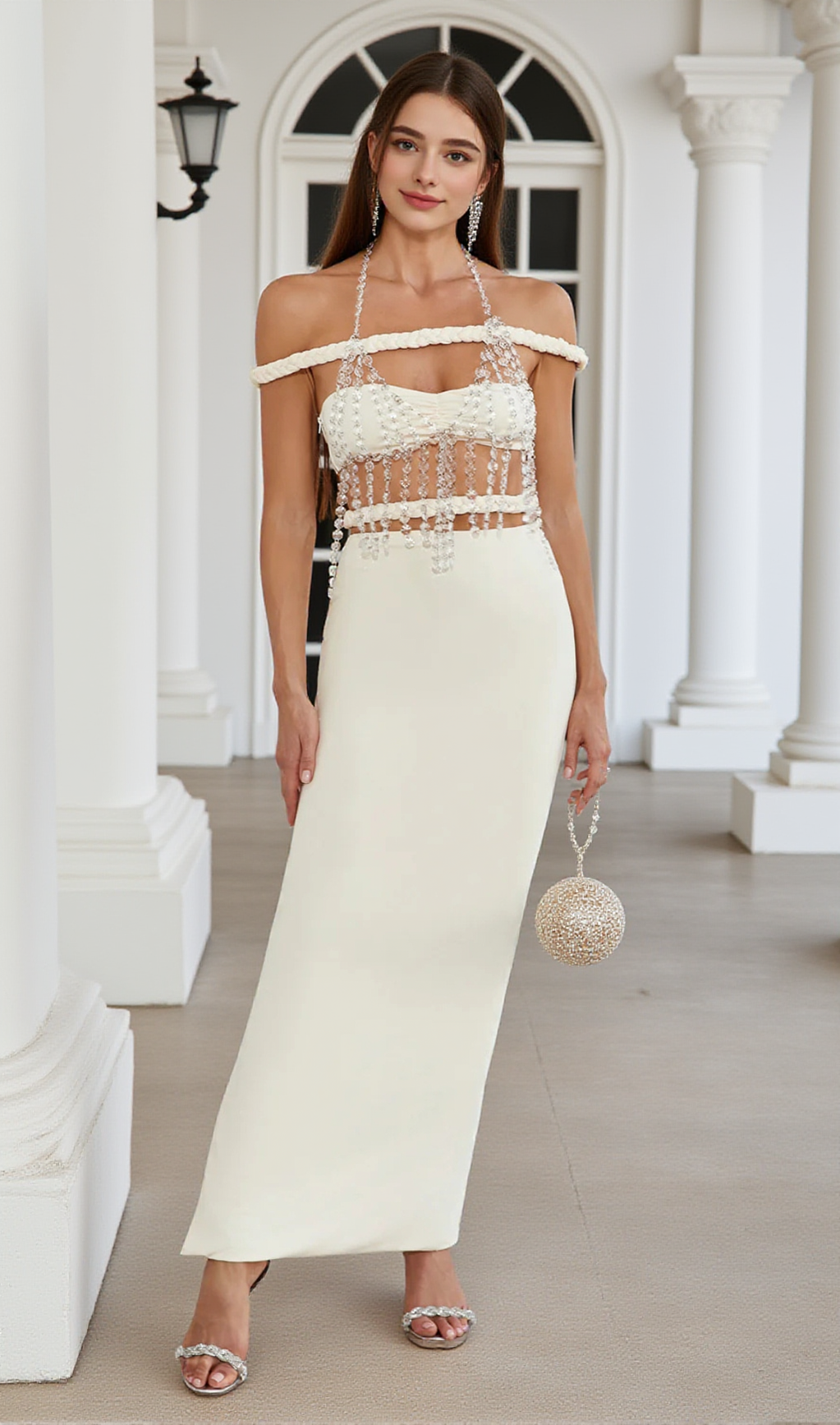 CRYSTAL CHAIN EMBELLISHED FISHTAIL SKIRT SET IN APRICOT