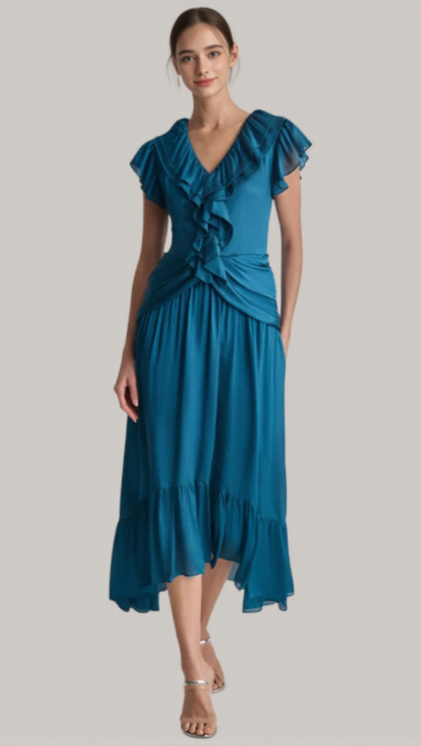 AIIZIE RUFFLED CRINKLE-TEXTURED MAXI DRESS IN DARK BLUE - product image