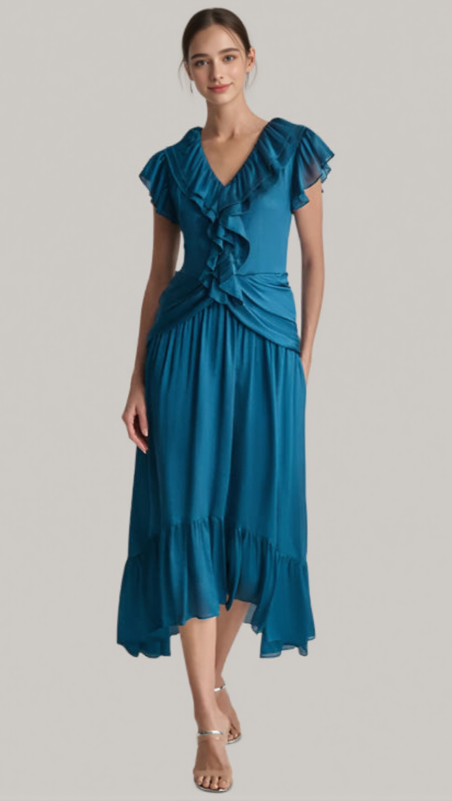 RUFFLED CRINKLE-TEXTURED MAXI DRESS IN DARK BLUE
