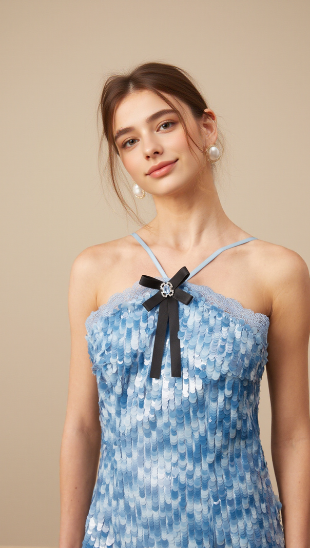 Victoire – blaues Neckholder-Minikleid mit Pailletten 