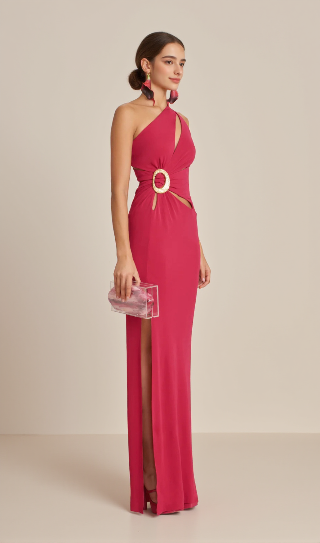 ONE-SHOULDER CUTOUT SIDE SLIT MAXI DRESS IN MAGENTA