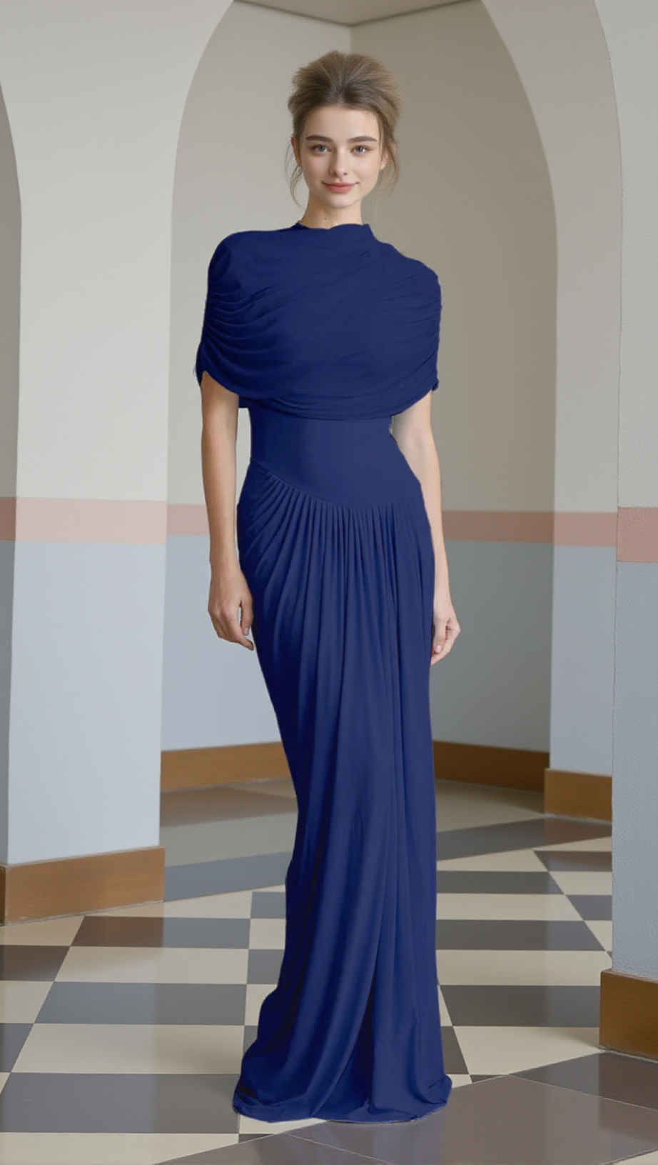 AAKIFA ASYMMETRIC DRAPED MAXI DRESS IN NAVY BLUE