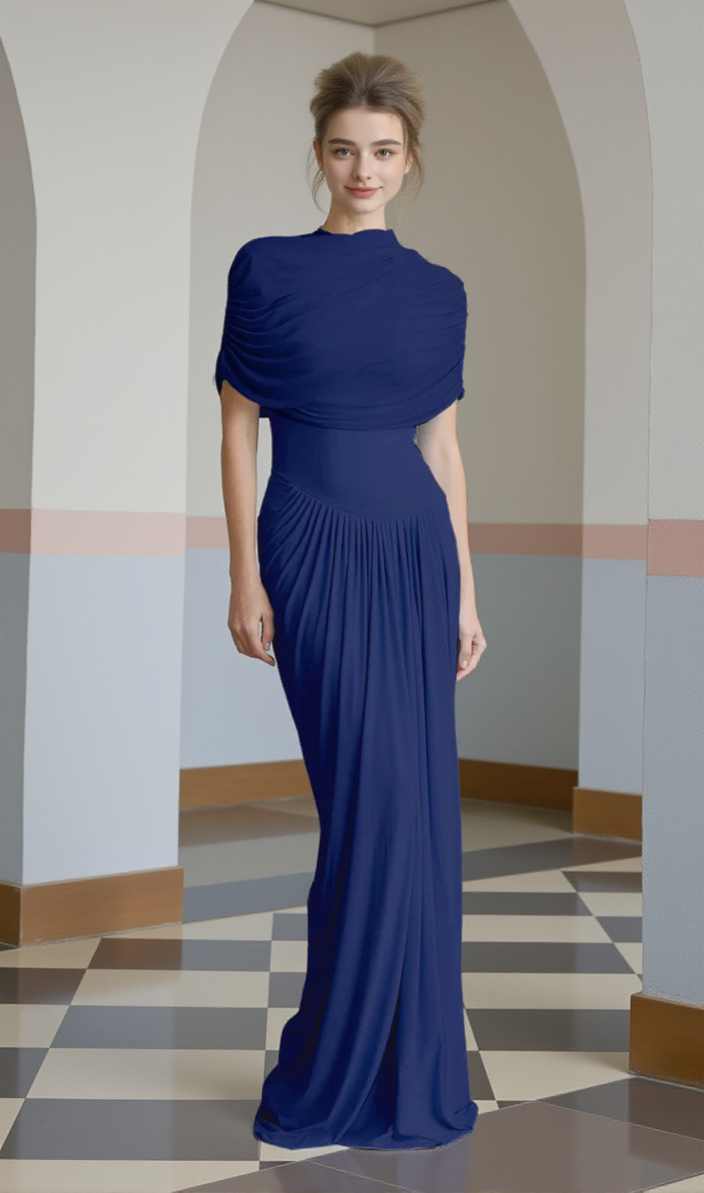 AAKIFA ASYMMETRIC DRAPED MAXI DRESS IN NAVY BLUE